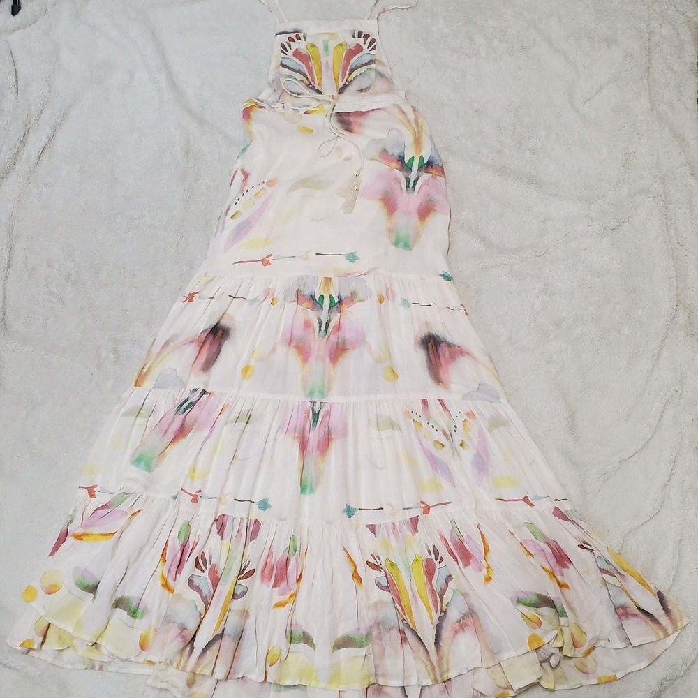 Free People Ivory Watercolor Overall Maxi Dress 2 Cottage Boho Artsy Romantic